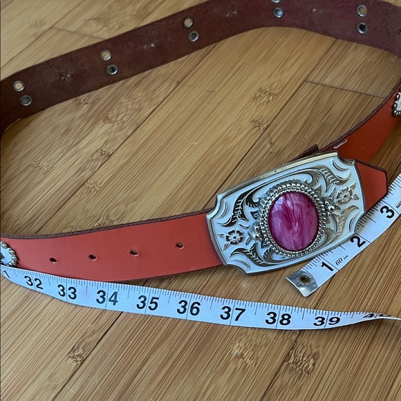 Retro Jeri Hart Design Pink Orange Leather Studded Jeweled Heart Western Belt - Picture 11 of 15